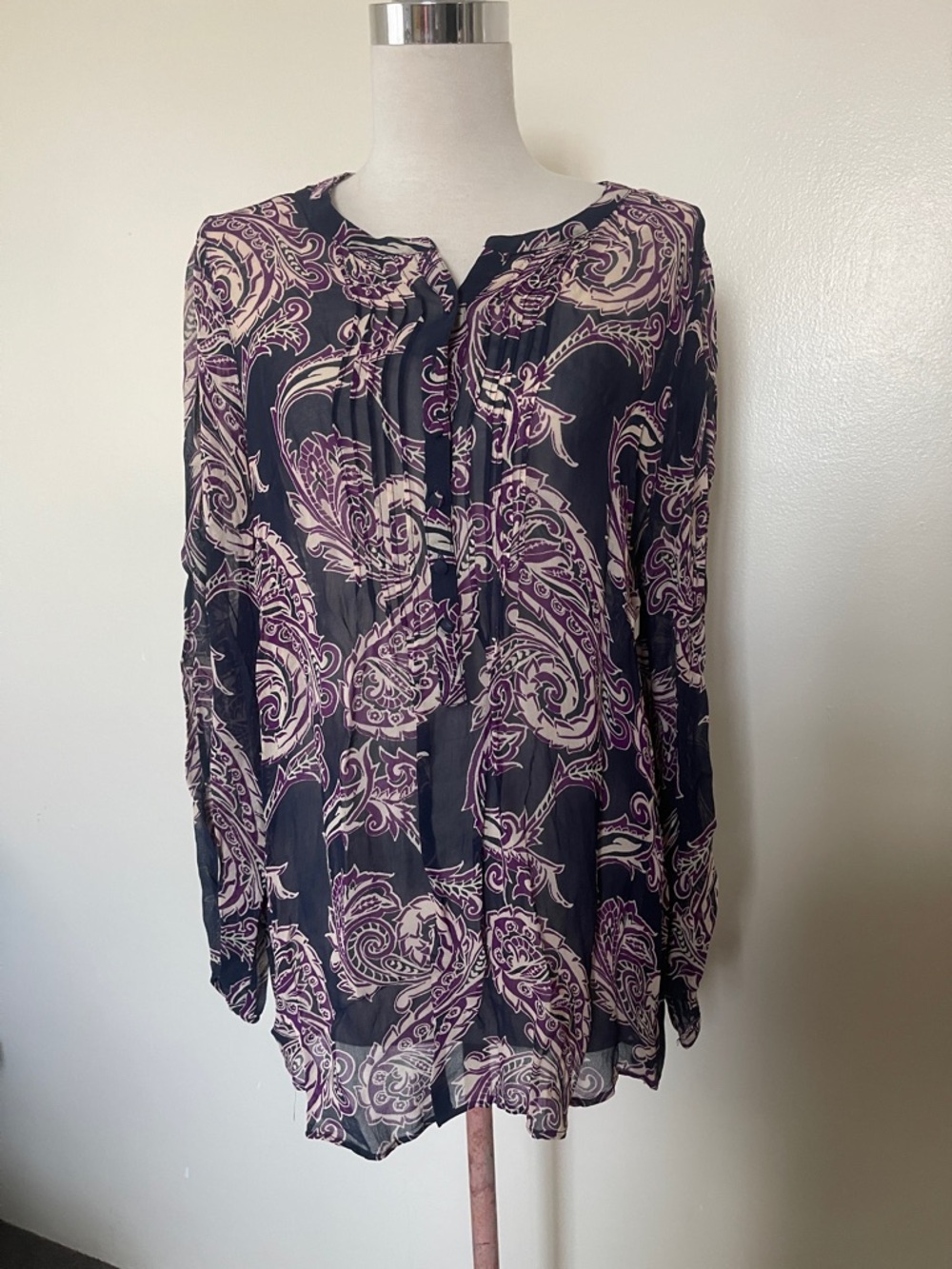 Lucky brand Paisley Tie-Neck Long-Sleeve sheer Blouse in Black and Purple